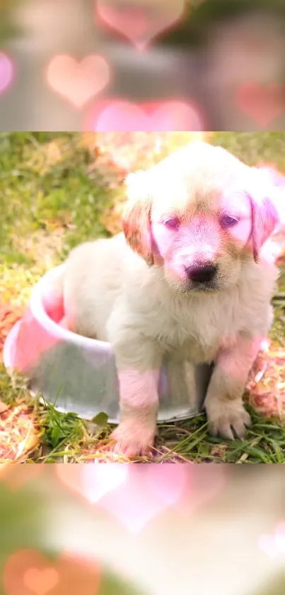 Cute puppy with pink heart effects in a metal bowl on grass.