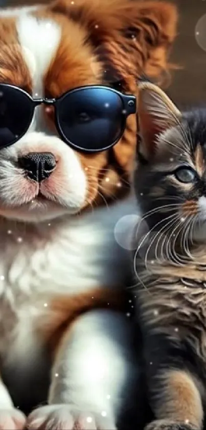 Adorable puppy with sunglasses next to a curious kitten.