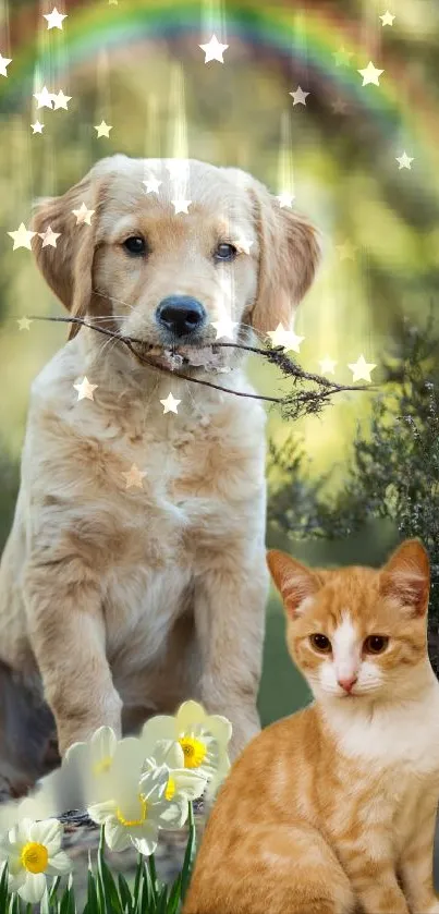 Puppy and kitten with stars under rainbow and flowers.