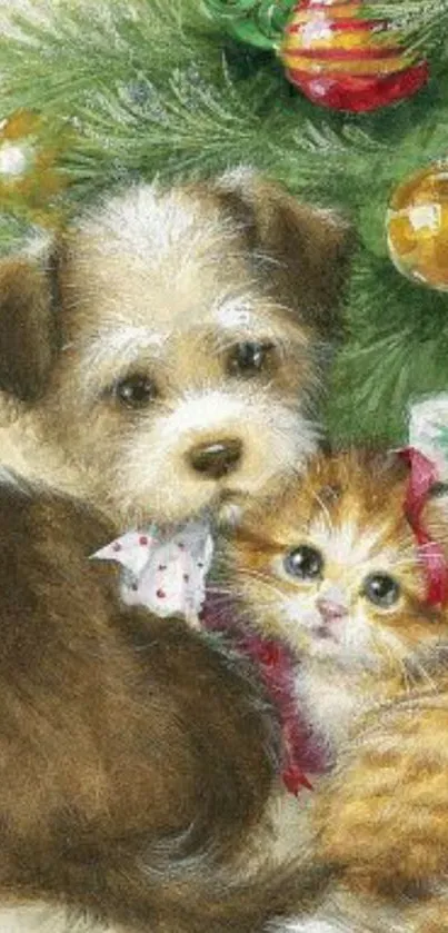 Cartoon puppy and kitten under festive tree.