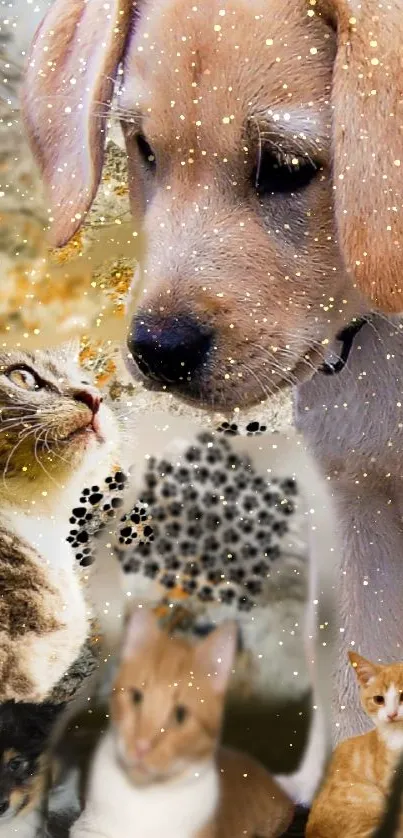 Cute puppy surrounded by playful kittens with sparkles.