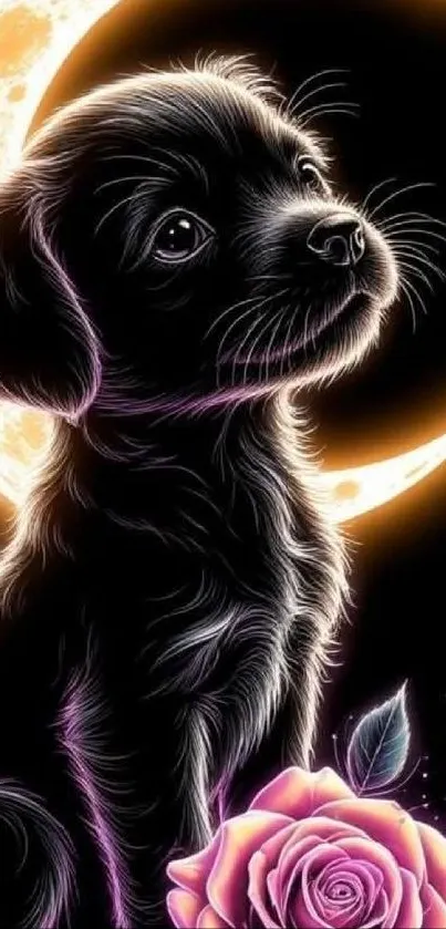 Neon art of a puppy with a glowing moon and pink rose.