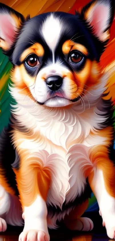 Cute puppy artwork with colorful background.