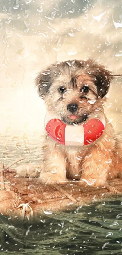 Cute fluffy puppy on a raft at sea with a life buoy.