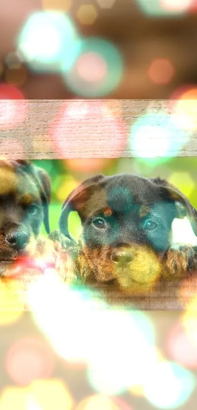 Adorable puppies with vibrant bokeh effects on mobile wallpaper.