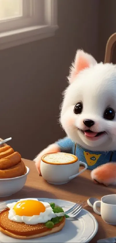 Adorable puppy enjoying breakfast in a cozy setting with pancakes and coffee.