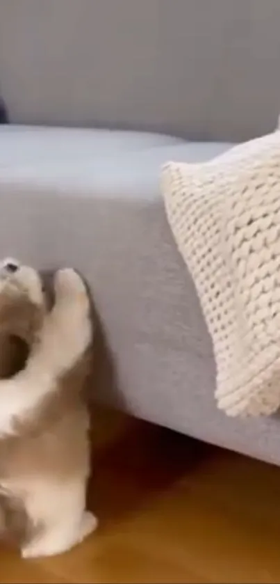 Cute white puppy standing by a grey couch.