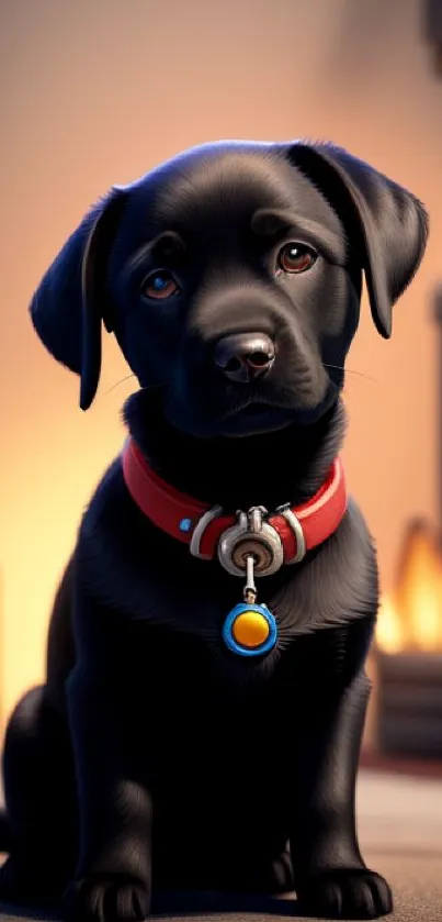 Adorable black puppy with a red collar sitting by a warm fireplace.