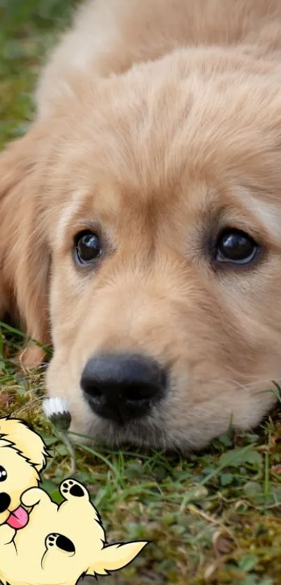 Cute golden retriever puppy with cartoon character on grass.