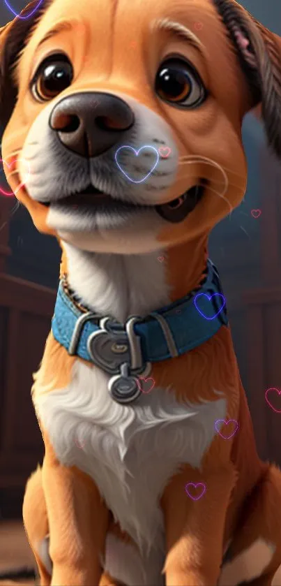 Adorable cartoon puppy with heart bubbles and blue collar.