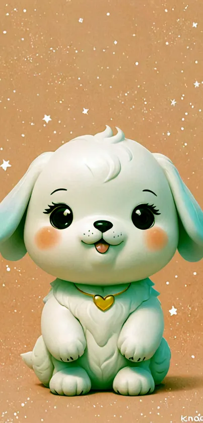 Cute cartoon puppy on starry brown wallpaper.