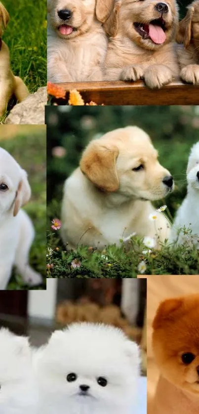 Cute puppies collage wallpaper with fluffy dogs.