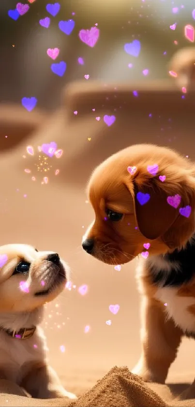 Two playful puppies in a sandy desert setting.