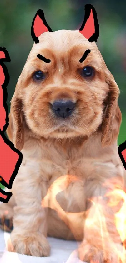 Cute puppy with devil horns and a fiery background.