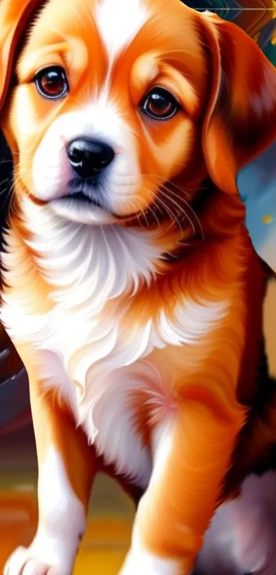 Cartoon puppy with orange and white fur in digital art style.