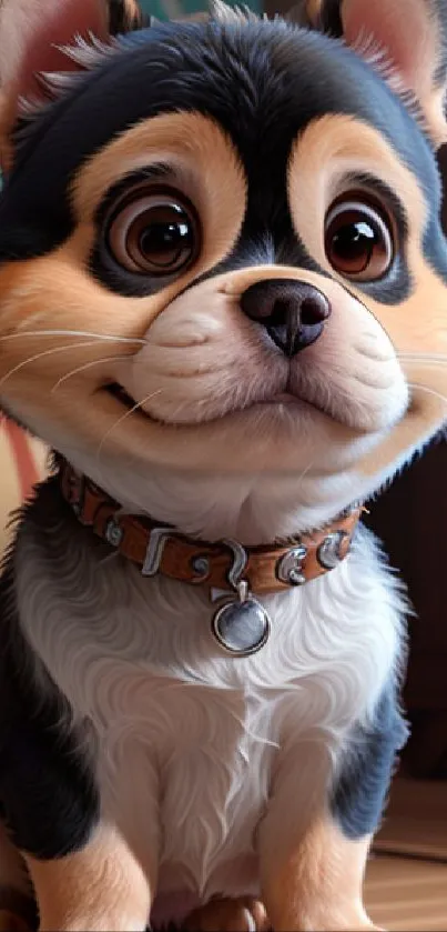 Adorable digital puppy with big eyes and collar.