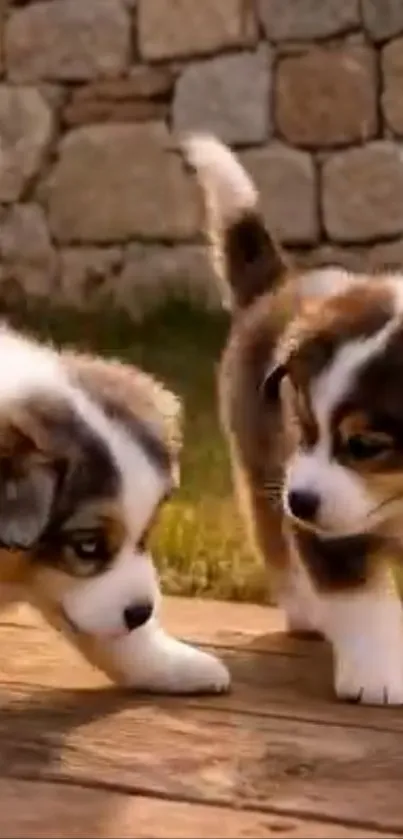 Two playful puppies on a wooden deck in front of a stone wall.