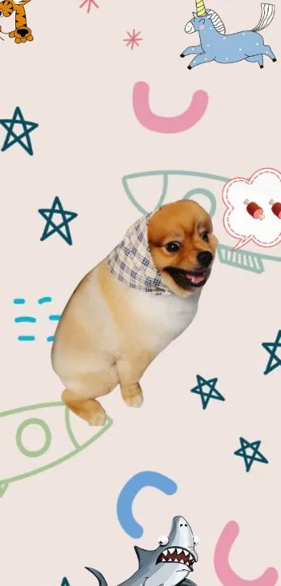 Adorable puppy with stars and rockets wallpaper design.