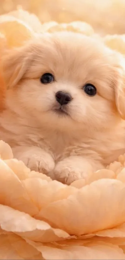 Cute puppy nestled in peach flower petals.