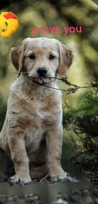 Puppy playing in forest with cute expression.