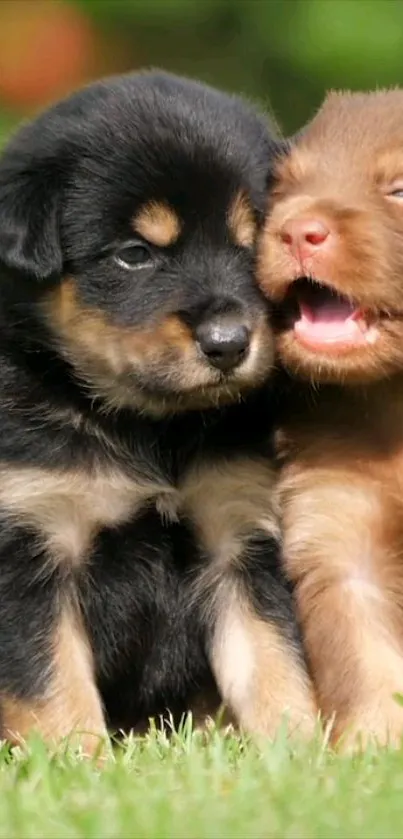 Two adorable puppies sitting on green grass, one black and the other brown.