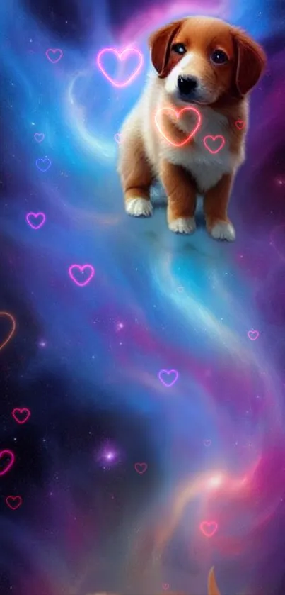 Cute puppy in a colorful galaxy with hearts.