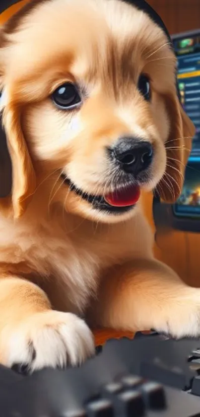 Cute puppy with headphones gaming on a keyboard.