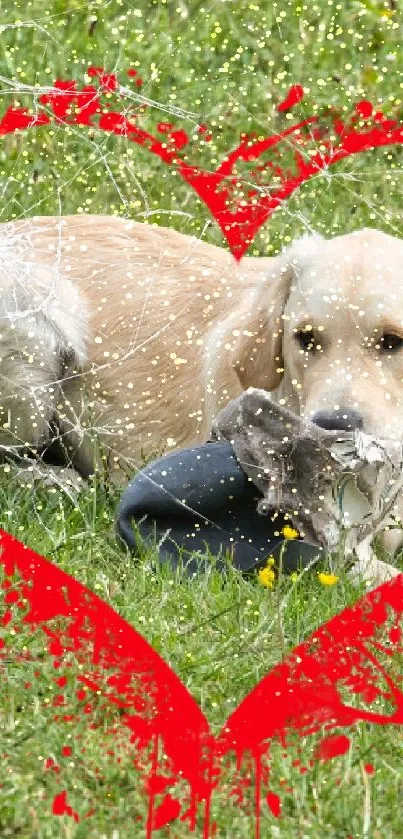 Adorable dog resting on green grass inside a red heart frame.