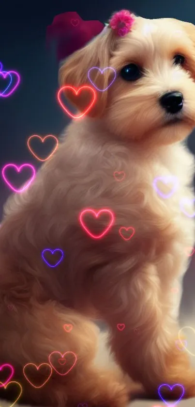 Adorable puppy with glowing hearts wallpaper.