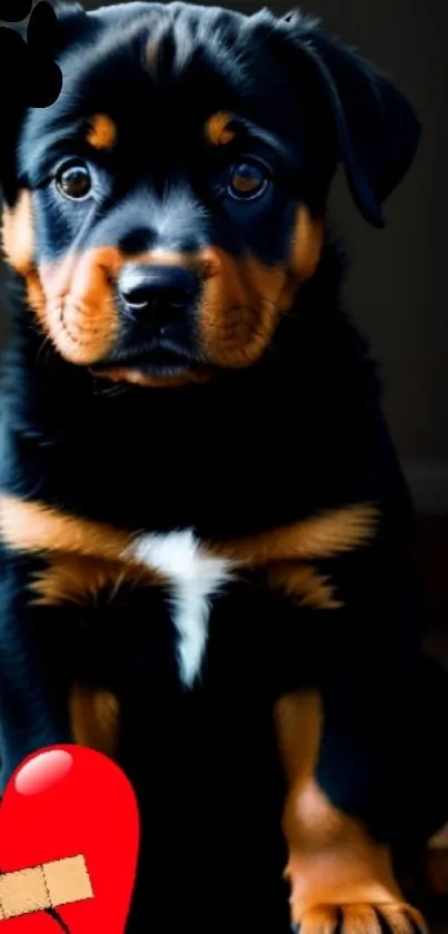 Cute Rottweiler puppy with heart design on dark background.