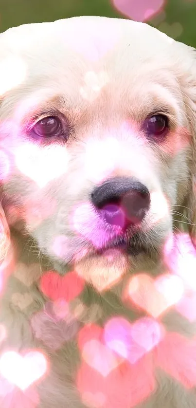 Golden retriever puppy with pink heart bokeh effect wallpaper.