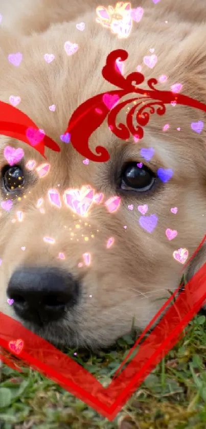 Golden retriever puppy with red heart on grass wallpaper.