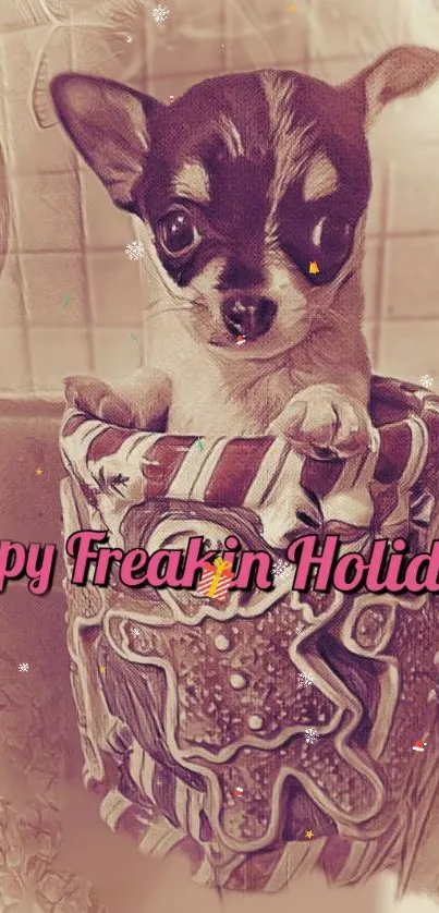 Cute puppy in a festive setting with 'Happy Freakin Holiday' text.