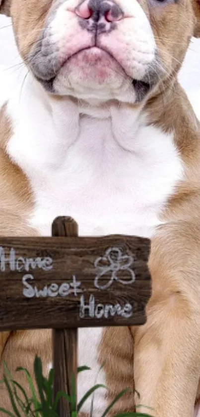 Adorable puppy with Home Sweet Home sign.