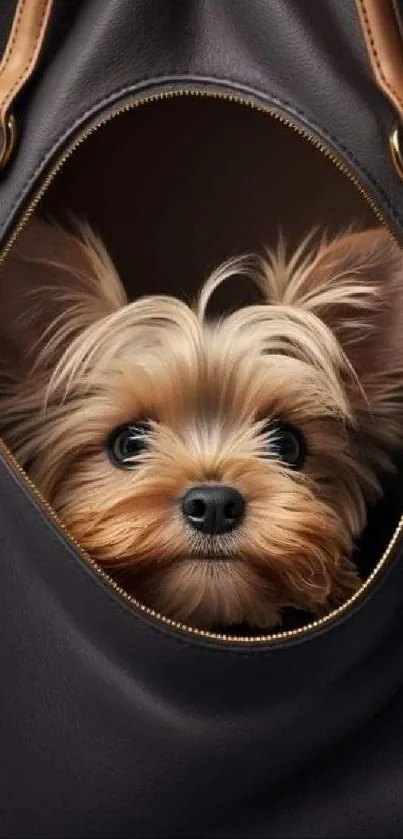 Adorable puppy peeks from a stylish leather bag in this charming phone wallpaper.