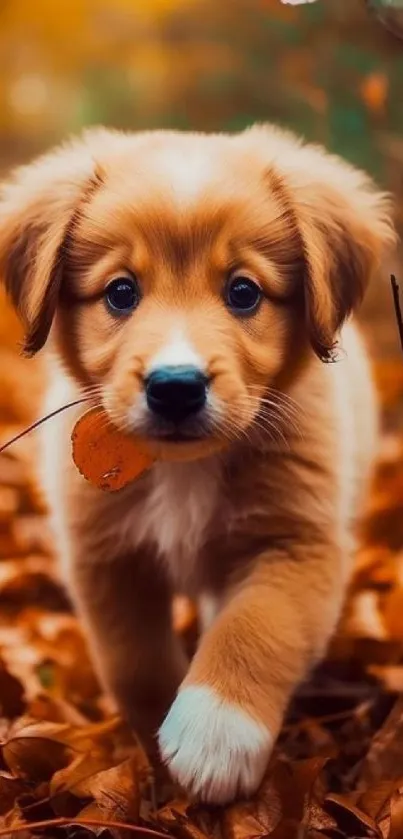 Adorable puppy walking through autumn leaves.