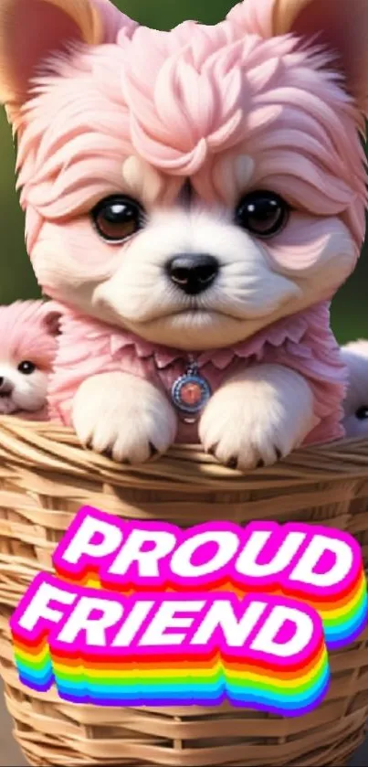 Digital art of a pink puppy in a basket with 'Proud Friend' text.