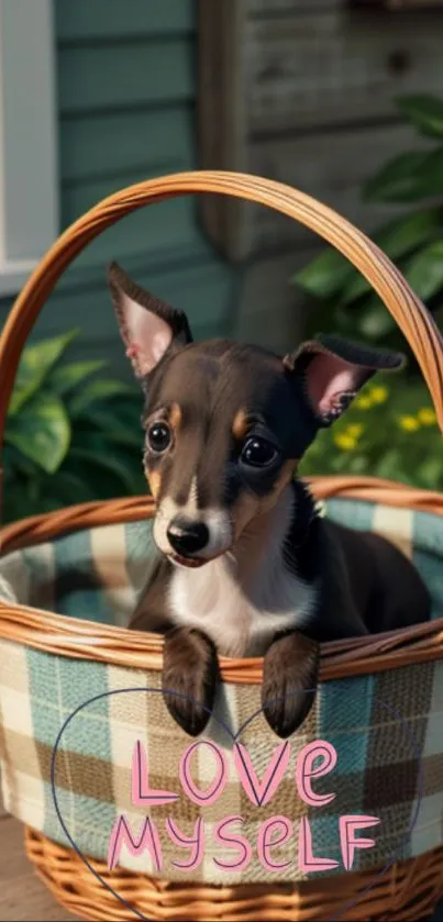 Adorable puppy in a basket with 'Love Myself' text.