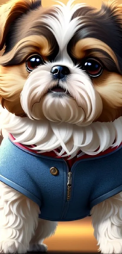 A fluffy puppy wearing a blue jacket sits adorably, perfect for mobile wallpaper.