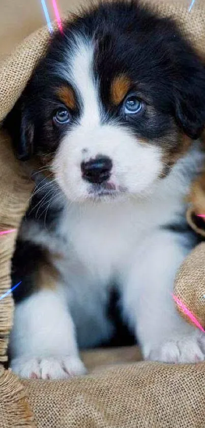 Adorable puppy with blue eyes in burlap blanket.