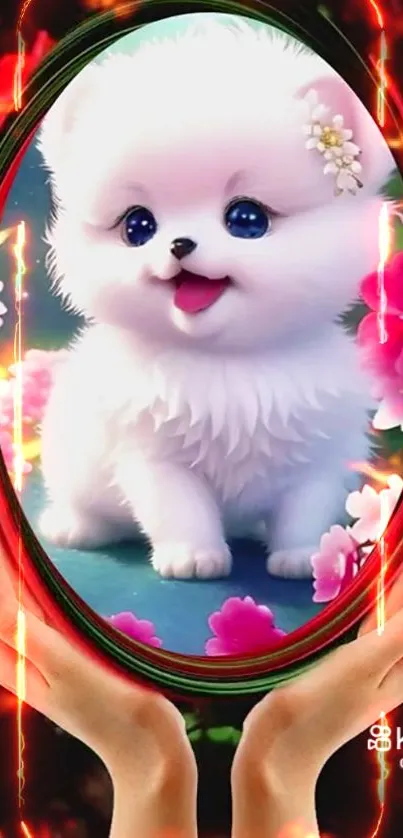 Fluffy white puppy with flowers in a glowing decorative frame.