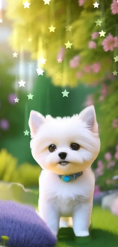 Fluffy white puppy in a fantasy garden with stars and colorful flowers.