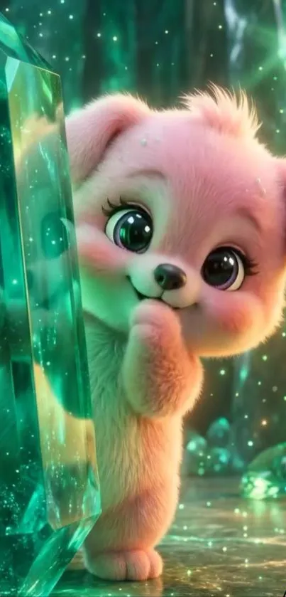 Cute puppy in a magical, sparkling emerald green world.