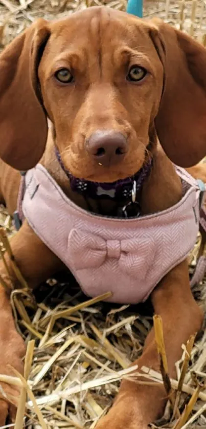 Adorable brown puppy lounging on straw.