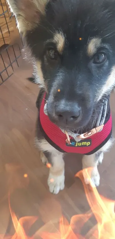 Puppy in harness amidst fiery glow design.