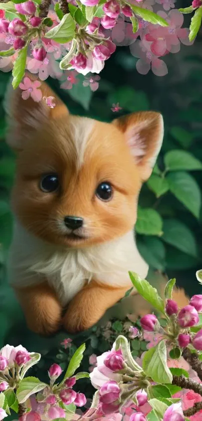 Adorable puppy framed by pink blossoms and green leaves.