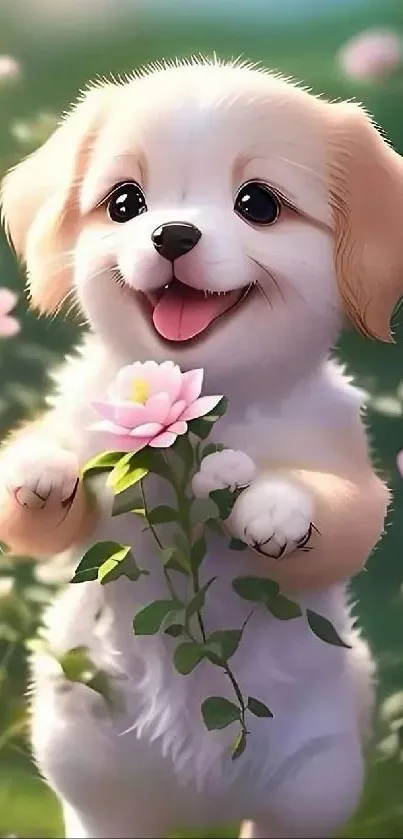 Fluffy puppy holding a pink flower in a lush garden.