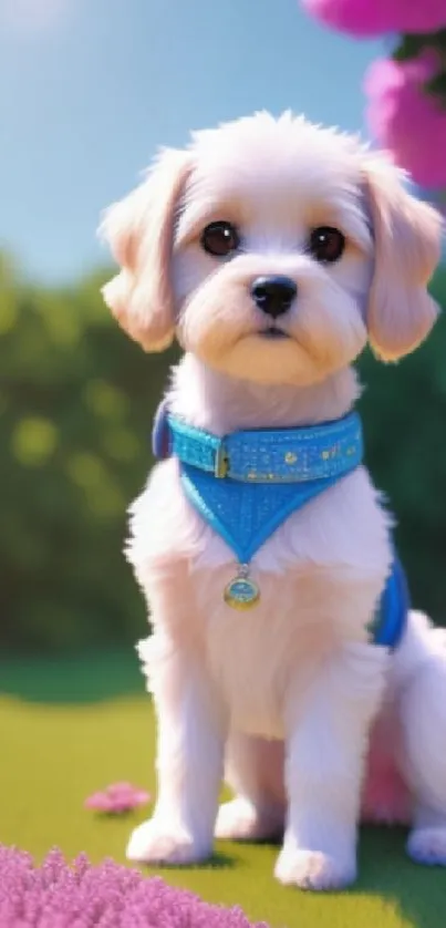 White puppy in a colorful garden setting, wearing a blue collar.