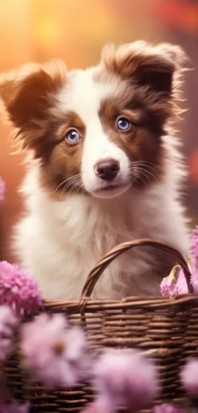 Adorable puppy with blue eyes in a flower-filled basket wallpaper.