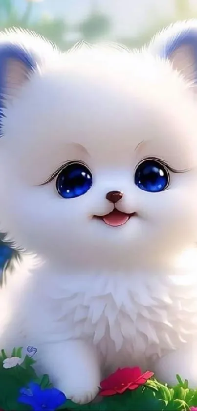 Fluffy white puppy with big blue eyes in a colorful flower garden.